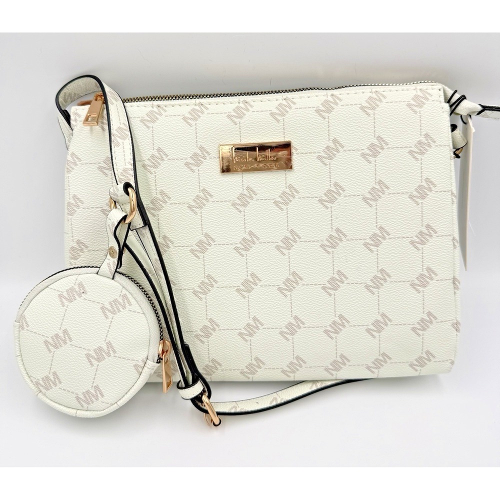Nicole Miller Monogram Crossbody Bag with Detachable Coin Pouch Cream‎ Ivory NEW